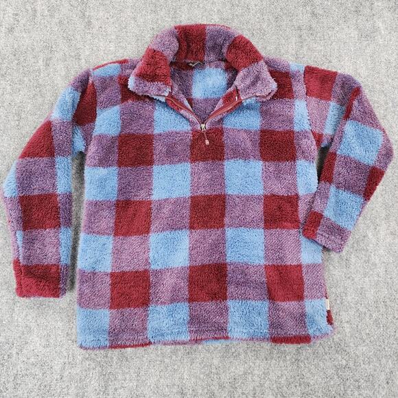 Eddie Bauer Pullover Womens Medium Buffalo Plaid Faux Fur 1/4 Zip Cozy Sweater - Picture 1 of 16